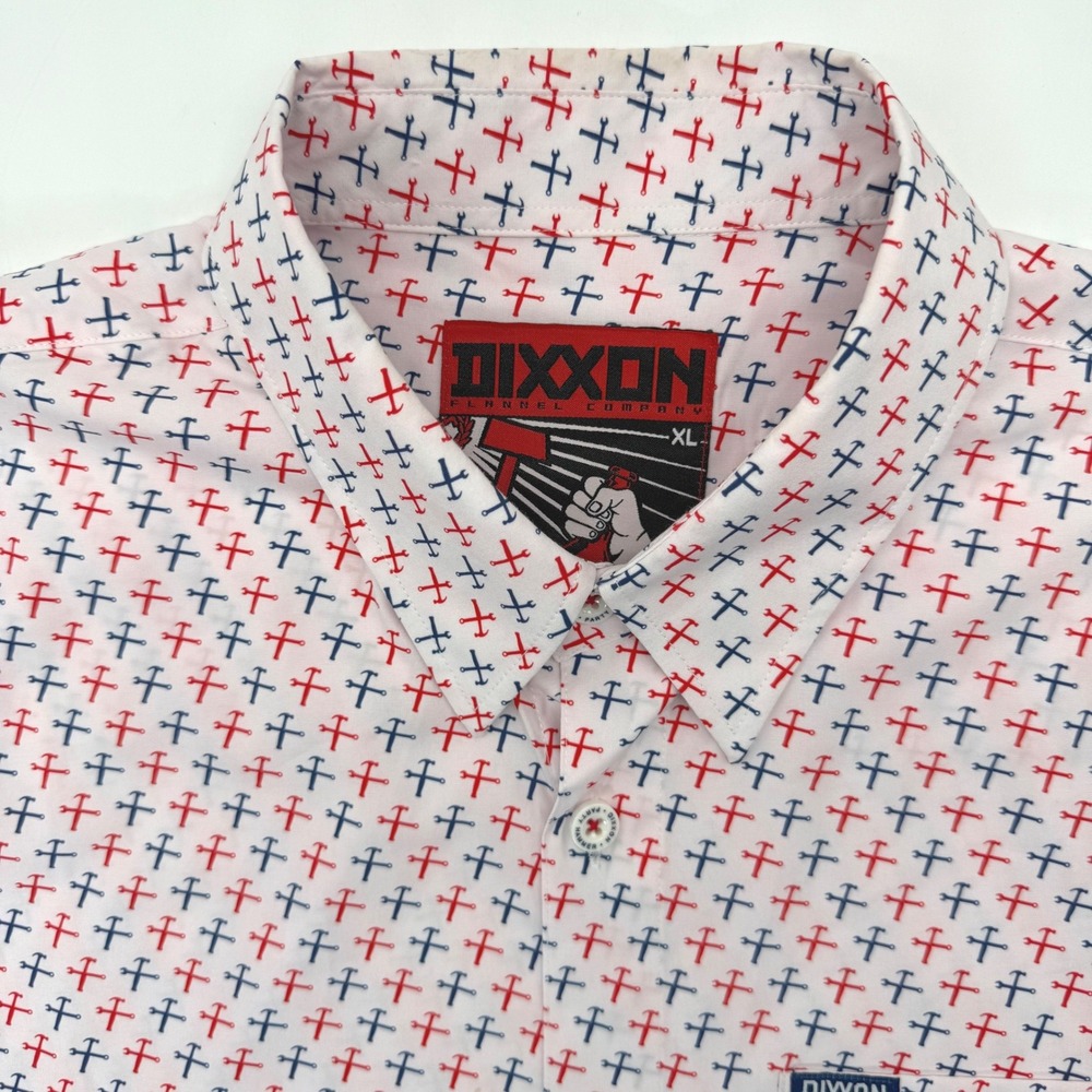 Dixxon Button Down Mens XL White Party Hammer Short Sleeve Tool Print Shirt